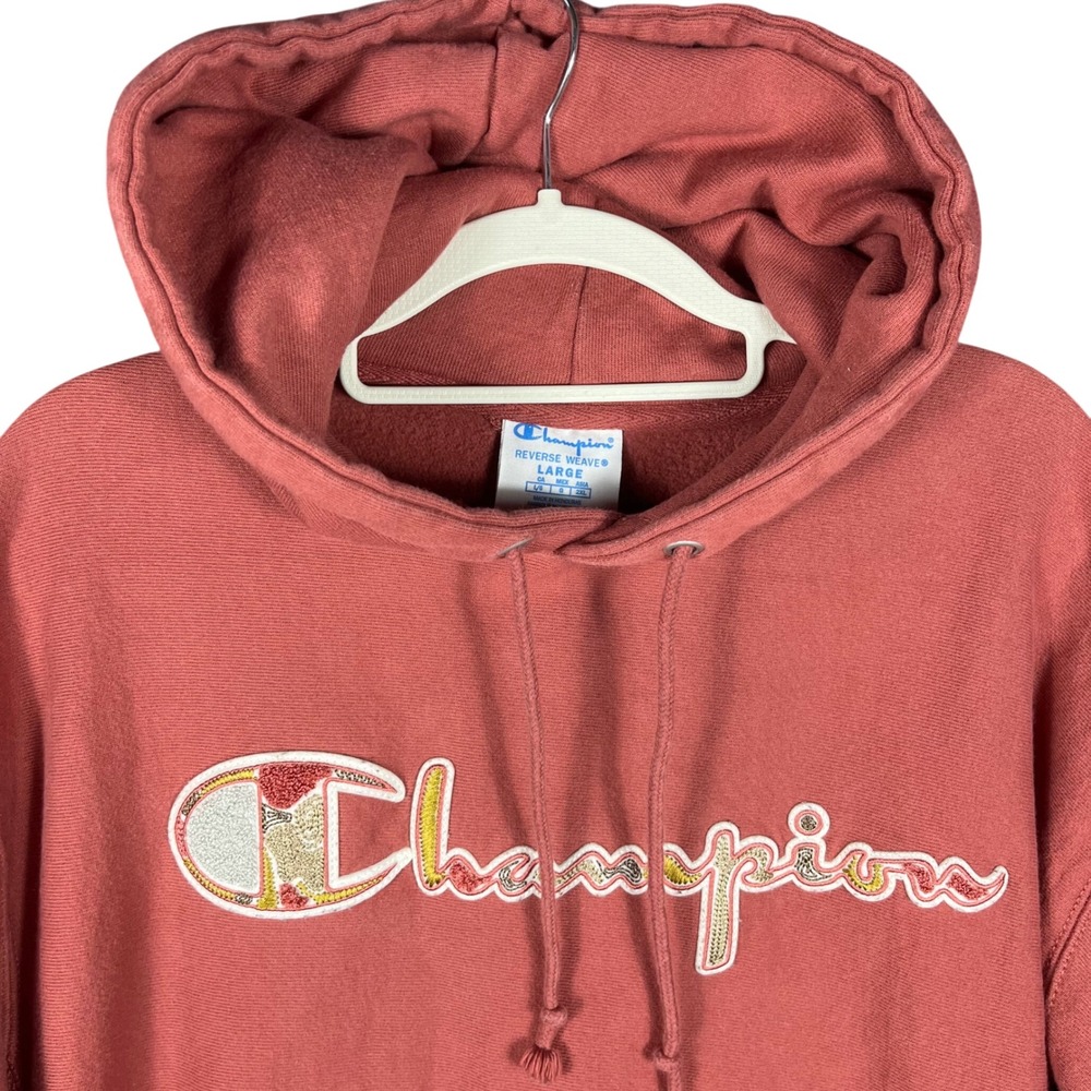 Champion Hoodie Mens Large Salmon Reverse Weave Chenille Script Logo GF68‎